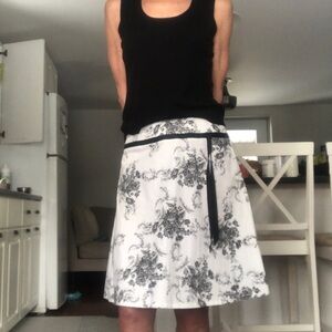 Black & White Floral A-Line Skirt with Contrast Waist Tie
